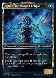 The image shows a Magic: The Gathering card titled "Heliod, the Radiant Dawn // Heliod, the Warped Eclipse (Showcase Planar Booster Fun) [March of the Machine]." It features an illustration of a dark, mystical figure with otherworldly features holding a spear and surrounded by blue and white cosmic energy. The 4/6 Legendary Enchantment Creature - Phyrexian God has a casting cost of 4WU. The card text reads: "You may cast spells