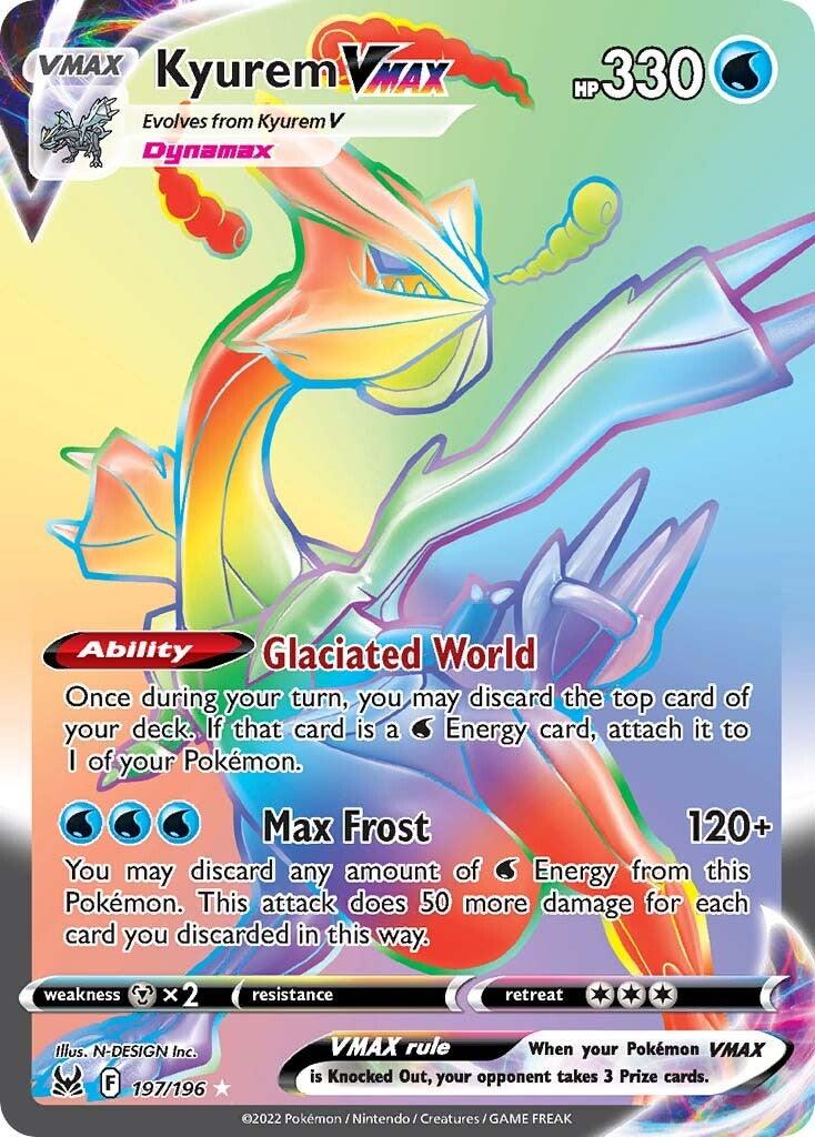 A Pokémon trading card featuring Kyurem VMAX (197/196) [Sword & Shield: Lost Origin] from the brand Pokémon. The Secret Rare card shows a colorful, dragon-like creature with an icy theme on a rainbow background. It has 330 HP and displays the moves 