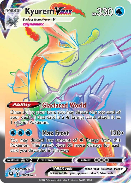 A Pokémon trading card featuring Kyurem VMAX (197/196) [Sword & Shield: Lost Origin] from the brand Pokémon. The Secret Rare card shows a colorful, dragon-like creature with an icy theme on a rainbow background. It has 330 HP and displays the moves "Max Frost" and the ability "Glaciated World," along with various stats and standard Pokémon card text.