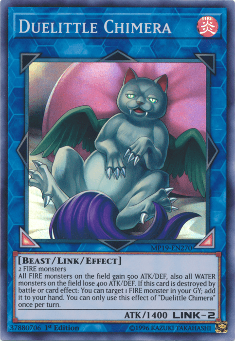 In the 2019 Gold Sarcophagus Tin, you'll find the Yu-Gi-Oh! Duelittle Chimera [MP19-EN270] Super Rare card. Featuring a mystical chimera-like creature with a cat-like face, bat wings, and clawed feet sitting atop red flames, it sports a blue border as a Link Monster and includes various stats and effect descriptions.