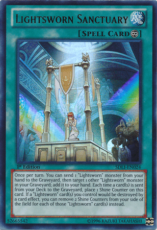 The Yu-Gi-Oh! Ultra Rare card "Lightsworn Sanctuary [SDLI-EN024]" is a Continuous Spell that features artwork of a radiant, mystical sanctuary. The design includes a large circular structure with pillars supporting a platform, surrounded by bright beams of light. The text box details the card's effect, which involves the accumulation of Shine Counters.