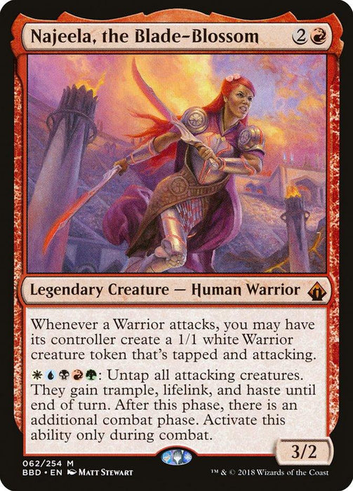 A Magic: The Gathering card titled "Najeela, the Blade-Blossom [Battlebond]" features a red-haired Warrior in dazzling battle armor, wielding a sword. This Legendary Creature costs 2 colorless and 1 red mana. With 3 power and 2 toughness, its abilities focus on Warrior tokens and creature untapping. Art by Matt Stewart.