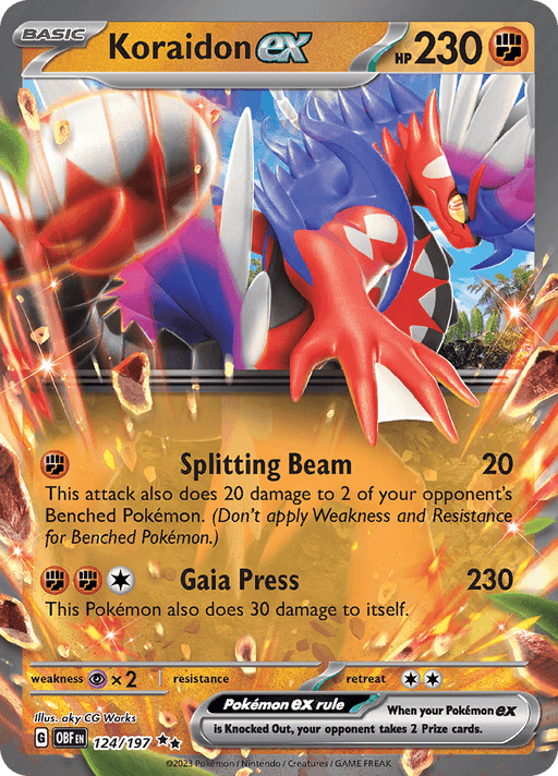 A Double Rare Pokémon trading card from the Scarlet & Violet TCG features Koraidon ex (124/197) [Scarlet & Violet: Obsidian Flames]. Displaying vibrant colors, Koraidon strikes a dynamic pose with 230 HP, and moves Splitting Beam (20 damage) and Gaia Press (230 damage). Lively artwork framed with fiery shards includes ex rules and essential icons.