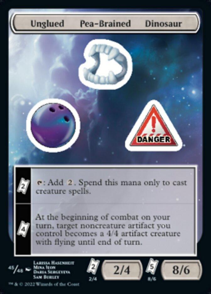 The "Unglued Pea-Brained Dinosaur" from Magic: The Gathering features cartoonish teeth, a bowling ball, and a red triangle danger sign. This Artifact Creature card has a cost of 2, with a power of 8 and toughness of 6, offering mana generation and unique combat effects. Add an element of whimsical chaos to your game using Unfinity Stickers for customization!