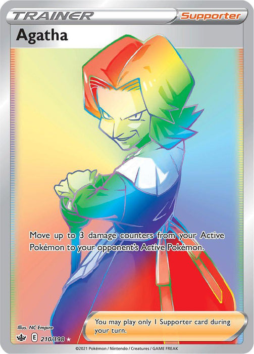 A Secret Rare Pokémon trading card featuring Agatha, a character with rainbow-colored hair and a stern expression. She wears a cloak with glowing, vibrant edges. The card from the Sword & Shield series, Chilling Reign, reads: "Move up to 3 damage counters from your Active Pokémon to your opponent's Active Pokémon." This is the Agatha (210/198) [Sword & Shield: Chilling Reign] by Pokémon.