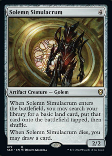 A Magic: The Gathering card titled "Solemn Simulacrum [Commander Legends: Battle for Baldur's Gate]" from the set Commander Legends. The card's art depicts a dark, spiky golem in a cathedral-like setting. With a mana cost of 4, it is an artifact creature golem with power and toughness of 2/2. Its text outlines abilities when entering and leaving the battlefield.