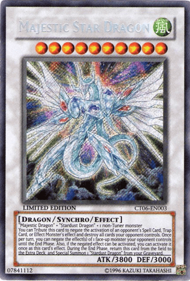 The "Yu-Gi-Oh!" trading card named Majestic Star Dragon [CT06-EN003] Secret Rare features an image of a white and blue dragon with majestic wings and a glowing blue aura. This Synchro/Effect Monster boasts ATK of 3800 and DEF of 3000, with special abilities detailed above its stats. It is from the 2009 Collectors Tin, Limited Edition.