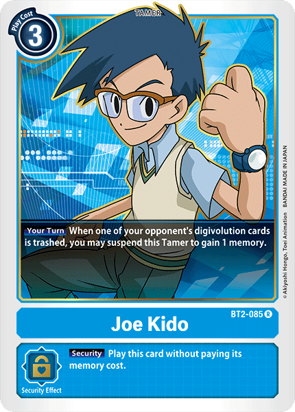 The Joe Kido [BT2-085] card from the Digimon Release Special Booster Ver.1.0 features a character with blue hair and glasses, dressed in a white and blue outfit. Posing confidently with his left fist raised, this Tamer card costs 3 to play and lets you gain 1 memory when an opponent's digivolution card is trashed by suspending him.