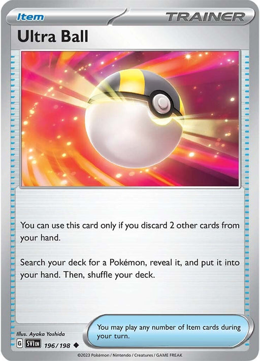 Image of the Ultra Ball (196/198) [Scarlet & Violet: Base Set] card from the Pokémon Trading Card Game. The card features an illustration of an Ultra Ball surrounded by glowing, multicolored streaks. The text reads, "You can use this card only if you discard 2 other cards from your hand. Search your deck for a Pokémon, reveal it, and put it into your hand. Then shuffle your deck.