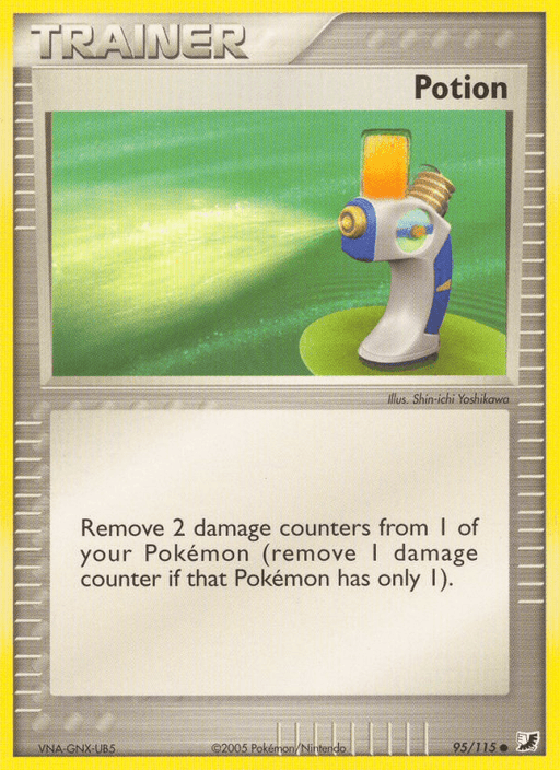This is an image of a Pokémon [Potion (95/115) [EX: Unseen Forces]] card named "Potion" from the Unseen Forces set. The card features an illustration of a spray bottle with a blue handle and yellow nozzle on a green gradient background. As an Item card, it reads: "Remove 2 damage counters from 1 of your Pokémon (remove 1 damage counter if that Pokémon has only 1).
