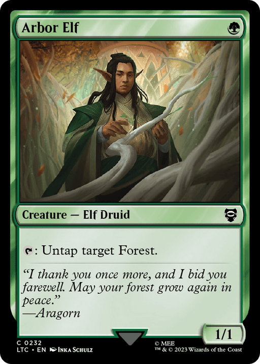 A Magic: The Gathering card titled "Arbor Elf [The Lord of the Rings: Tales of Middle-Earth Commander]." It showcases an elf druid in a lush forest, casting a spell with a faint, glowing aura around their hand, reminiscent of the enchanted realms from the Tales of Middle-Earth. It reads, "Arbor Elf [The Lord of the Rings: Tales of Middle-Earth Commander]" and "Creature — Elf Druid" with an ability to untap a target Forest. Power/Toughness is