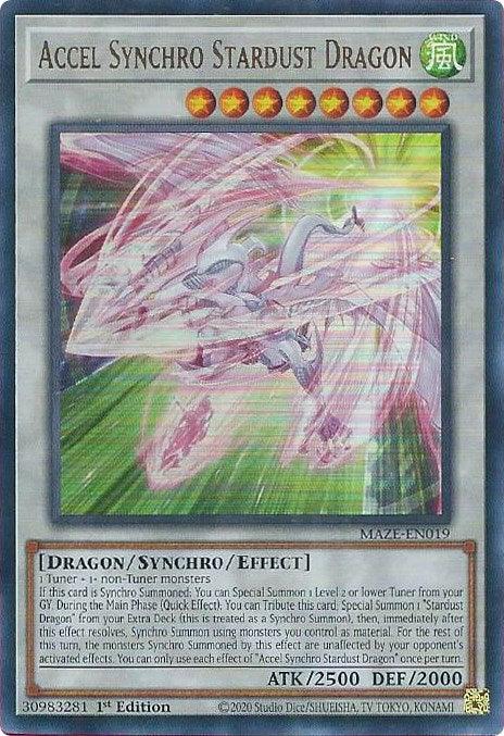 Image of a Yu-Gi-Oh! trading card "Accel Synchro Stardust Dragon [MAZE-EN019] Ultra Rare" from the Maze of Memories set. The card features a dragon with green and pink energy trails, its name and attributes at the top, and details including the monster type "Dragon/Synchro/Effect" and attack/defense points at the bottom.