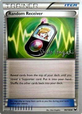A Pokémon trading card titled "Random Receiver (99/108) (Terraki-Mewtwo - Shuto Itagaki) [World Championships 2012]," an uncommon item from the World Championships 2012, features a sleek black device with a glowing screen displaying a happy character. The background is green with sound waves. The text details its function: reveal cards until a Supporter card is found, then shuffle the remaining cards back.