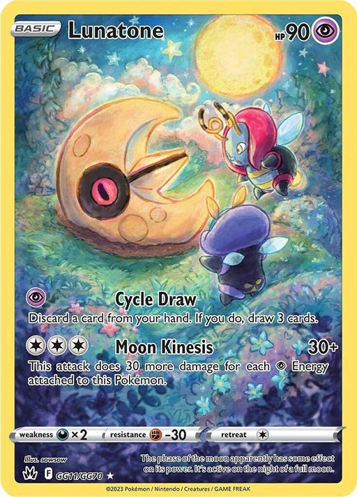 A Pokémon card from the Crown Zenith series featuring Lunatone (GG11/GG70) [Sword & Shield: Crown Zenith] with 90 HP. Illustrated under a scenic night sky and forest, it shows Lunatone interacting with another Pokémon. Details include its Psychic attacks: Cycle Draw (draw 3 cards) and Moon Kinesis (30+ damage).