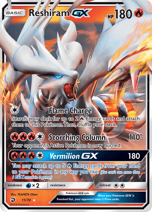 The image shows a Pokémon Reshiram GX (11/70) [Sun & Moon: Dragon Majesty] trading card. The card features an illustration of the dragon Pokémon Reshiram breathing fire with a dynamic background of flames. This Sun & Moon era card has 180 HP and includes attacks like Flame Charge, Scorching Column, and Vermilion GX.