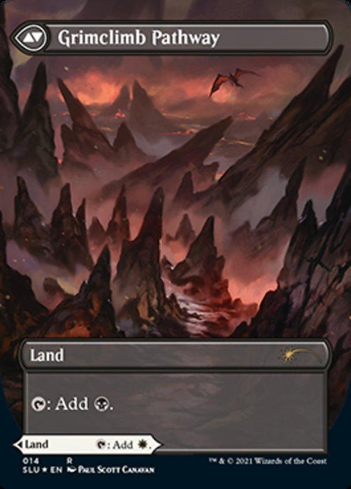 A rare card from Magic: The Gathering titled "Brightclimb Pathway // Grimclimb Pathway (Borderless) [Secret Lair: Ultimate Edition 2]" is featured in Secret Lair: Ultimate Edition 2. It depicts a dark, rugged mountain path with jagged peaks and an ominous, cloudy sky. The rocky terrain shows few signs of life. The bottom of the card indicates its type as Land and its ability to add black mana.