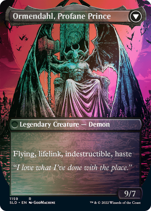 A detailed illustration of Westvale Abbey // Ormendahl, Profane Prince (Borderless) [Secret Lair: From Cute to Brute] from the Magic: The Gathering series, featuring a menacing demonic figure on a throne against a vivid pink and purple sky. This Legendary Creature - Demon boasts flying, lifelink, indestructible, and haste with a power/toughness of 9/7. Artwork by GodMachine.