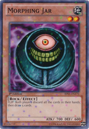 A Yu-Gi-Oh! trading card from the Battle Pack: Epic Dawn depicting "Morphing Jar [BP01-EN173] Starfoil Rare." The Starfoil Rare card features an eerie jar with a wide, toothy grin and a single, large eye, set against a purple, starry void. It describes its rock/effect type with ATK 700 and DEF 600, discarding and drawing cards.