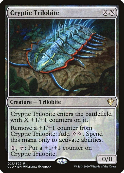 A Magic: The Gathering product called "Cryptic Trilobite [Commander 2020]." It features a trilobite creature with glowing blue and green segments and pincers, set against a dark background. The card text describes its abilities to gain +1/+1 counters and generate mana for activated abilities.