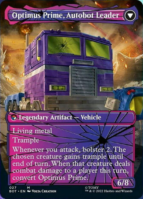 A Magic: The Gathering card featuring "Optimus Prime, Hero // Optimus Prime, Autobot Leader (Shattered Glass) [Transformers]," this mythic card is primarily purple with an image of a purple and silver truck. Text includes abilities like "Living metal" and "Trample." The card has a power/toughness of 6/8 and various other game-related details.