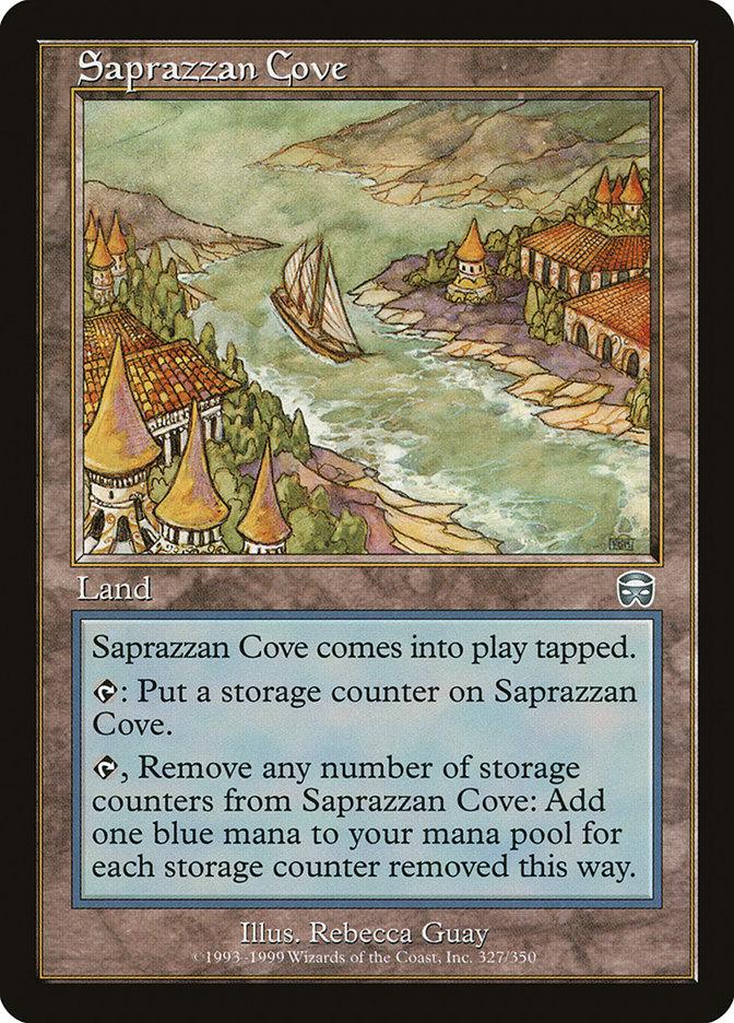 The image is a "Magic: The Gathering" card named "Saprazzan Cove [Mercadian Masques]," depicting a scenic coastal town with domed and towered buildings beside a tranquil river, where a sailboat gracefully passes by. As a land type card, it enters the battlefield tapped and can accumulate energy through Storage Counters while contributing blue mana abilities.