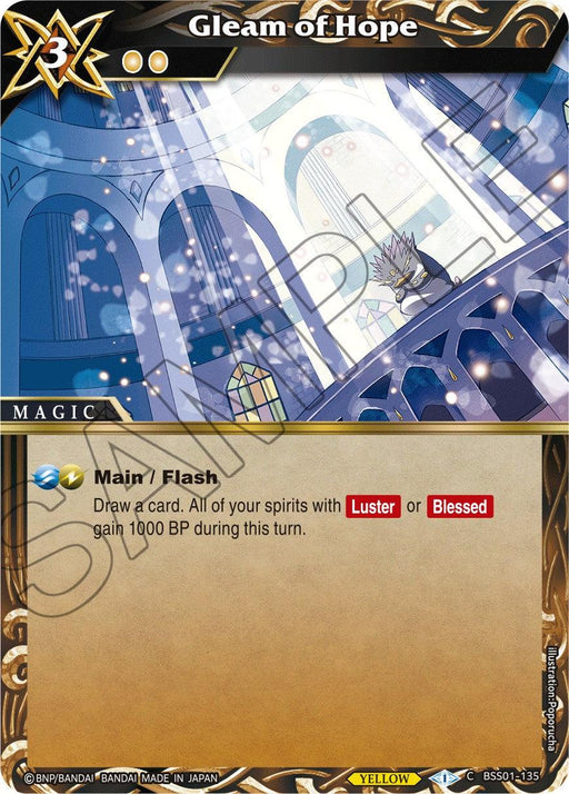 A detailed Bandai card titled "Gleam of Hope (BSS01-135) [Dawn of History]" with a mystical, illuminated gothic cathedral in the background. It features an action scene with swirling magical energy and spirits with luster. The card has a yellow border, mana cost of 3, and abilities in both "Main/Flash" phases.