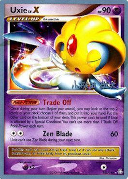The image features an ultra-rare Pokémon card for Uxie LV.X (146/146) (LuxChomp of the Spirit - Yuta Komatsuda) [World Championships 2010] with 90 HP. It's a holographic card from the World Championships 2010, depicting Uxie in a dynamic pose. The Psychic-type card has a Move called "Trade Off," allowing the player to look at the top 2 cards of their deck, and another called "Zen Blade," which deals