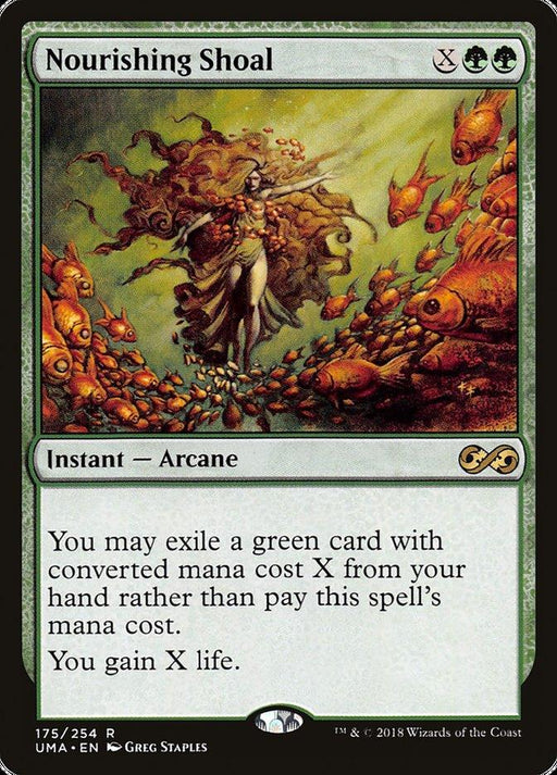 A Magic: The Gathering product titled "Nourishing Shoal [Ultimate Masters]" features an ethereal woman surrounded by swimming fish. Text reads: “Instant — Arcane. You may exile a green card with converted mana cost X from your hand rather than pay this spell’s mana cost. You gain X life.”