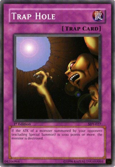 A Yu-Gi-Oh! trading card from the Starter Deck: Yugi titled "Trap Hole [SDY-027] Common." This Common Normal Trap card has a purple border and features an image of a monster falling into a dark, circular pit with a gnarled hand reaching up. The trap effect destroys an opponent's monster if its ATK is 1000 or more when summoned.