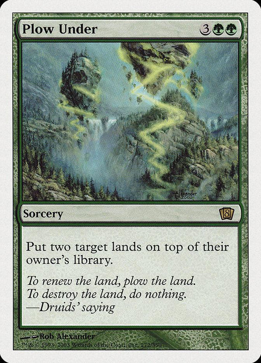 A Magic: The Gathering card named Plow Under [Eighth Edition]. This rare green sorcery spell costs 3 generic and 2 green mana. It depicts a lush, rocky landscape with waterfalls and reads, "Put two target lands on top of their owner's library." Artist: Rob Alexander. Set symbol: Eighth Edition.