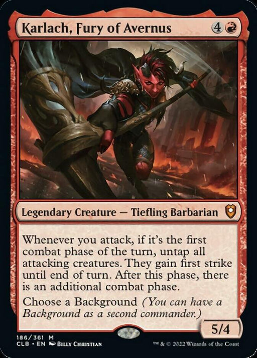 A Magic: The Gathering card from Commander Legends: Battle for Baldur's Gate showcasing "Karlach, Fury of Avernus." This Tiefling Barbarian with red skin, sharp horns, and black hair is clad in battle armor and wields a sword. Costing 4 colorless and 1 red mana, it boasts 5 power and 4 toughness with abilities tied to the attack phase—perfect for any Bald