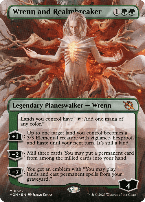 A Magic: The Gathering card titled "Wrenn and Realmbreaker (Borderless Alternate Art) [March of the Machine]." This Mythic Rarity card depicts a fiery figure with branches emerging from their body, surrounded by tendrils. As a Legendary Planeswalker, it has abilities costing +1, -2, and -7 and grants additional land mana and creature abilities.