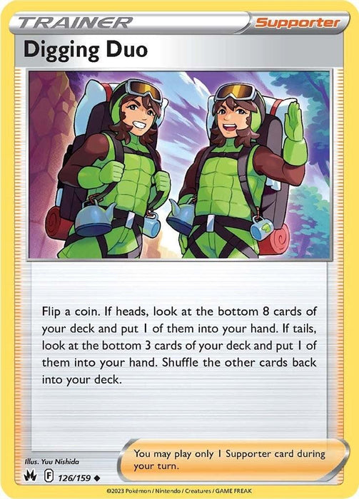 An image of a Pokémon trading card titled "Digging Duo (126/159) [Sword & Shield: Crown Zenith]" from the Pokémon series. It features two characters in green and purple hiking suits with helmets, grinning and giving thumbs-up signs. The card text describes their function in gameplay, where flipping a coin determines the number of cards drawn from the deck.