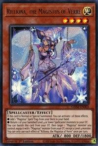 A Yu-Gi-Oh! card from the Genesis Impact series featuring Rilliona, the Magistus of Verre [GEIM-EN003] Ultra Rare. This card depicts a magical girl with long purple hair, a staff, and a white cape. She stands in an ornate, mystical setting. Her spellcaster/effect details are below her ATK (800) and DEF (1800).