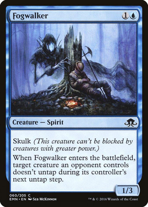 This image is of a Magic: The Gathering card named "Fogwalker [Eldritch Moon]" from the Eldritch Moon set. It has a blue border and depicts a ghostly, hooded spirit with a scythe emerging from a tree in a foggy forest. This Creature — Spirit costs one blue and one colorless mana, has Skulk, and boasts 1 power and 3 toughness.