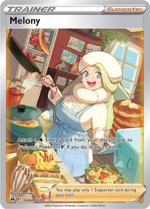 A Pokémon card titled "Melony (GG64/GG70) [Sword & Shield: Crown Zenith]," from Pokémon, featuring an illustration of a cheerful woman in a cozy kitchen. She wears a white winter hat and scarf, holding a frying pan. The kitchen is decorated with pancakes, a cooking stove, and assorted vegetables. Text details her abilities in-game.