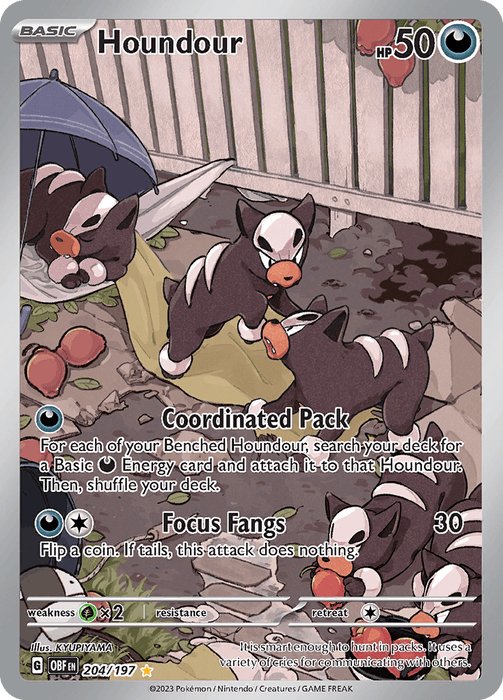 A Pokémon card featuring Houndour, a black dog-like creature with a skull-like face and an orange snout. It has 50 HP. The card, part of the Scarlet & Violet series, showcases three Houndour playing. Their moves are “Coordinated Pack” and “Focus Fangs.” With a green background of trees and rocks, it’s an Illustration Rare by Kiyot—**Houndour (204/197) [Scarlet & Violet: Obsidian Flames]** by **Pokémon**.