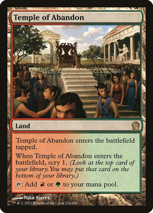 The image showcases a rare Magic: The Gathering product titled "Temple of Abandon [Theros]". It depicts a grand temple with steps, columns, and a statue, surrounded by people in ancient attire. The card's text specifies its land type and abilities. The art by Mike Bierek is on a rectangular card with a green and red border.
