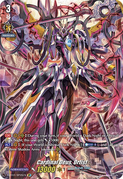 An image of a fantasy card game depicting a powerful cybernetic-winged creature, armed with a lance, resembling Cardinal Deus, Orfist. The card displays "Cardinal Deus, Orfist (D-BT01/SP05EN) [Genesis of the Five Greats]" with stats "13000." On the left, detailed abilities for "Dark Night or Abyssal Dark Night," including token summoning skills from Bushiroad's Genesis of the Five Greats series.