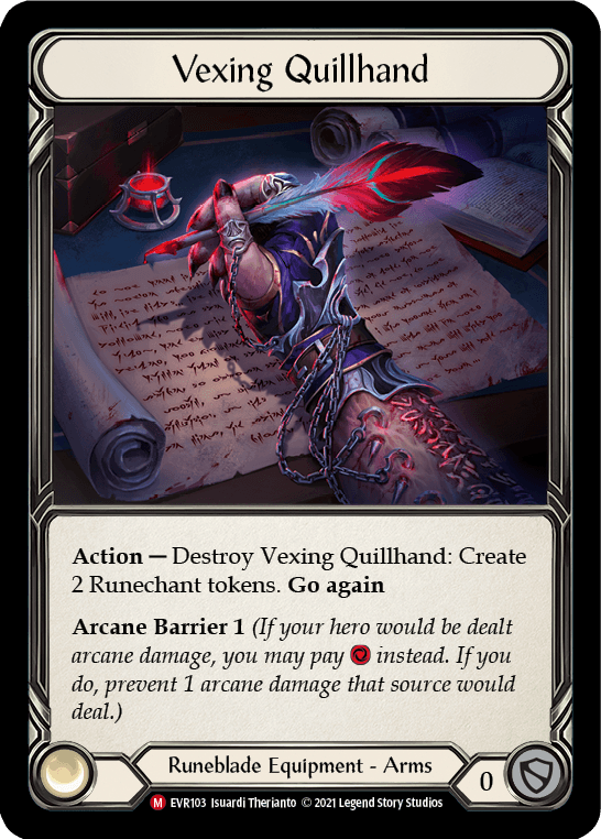 An illustrated card depicting "Vexing Quillhand [EVR103] (Everfest) 1st Edition Cold Foil" from Flesh And Blood in stunning Cold Foil. The image showcases a mystical, armored arm surrounded by glowing runes and red energy. The details include its abilities: destroying Vexing Quillhand to create 2 Runechant tokens and providing Arcane Barrier 1. The card features fantasy-themed artwork.