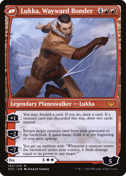 Image of a Magic: The Gathering card featuring "Mila, Crafty Companion // Lukka, Wayward Bonder [Secret Lair: From Cute to Brute]." This Mythic, Legendary Planeswalker stands with a fox and wields a staff against a fiery background. His loyalty abilities include +1 (draw cards), -2 (return creatures), and -7 (gain an emblem). He starts with 5 loyalty points.