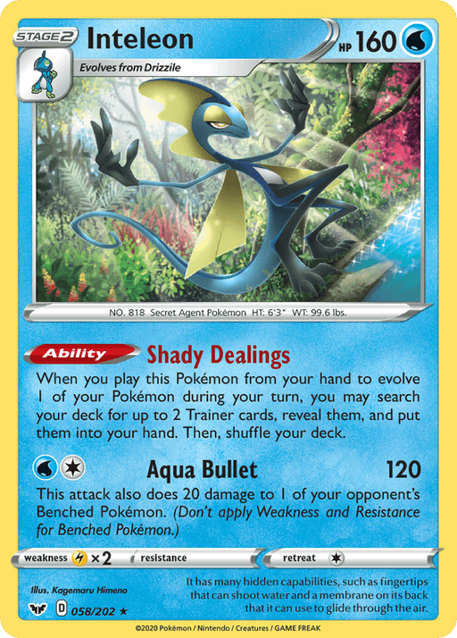 A Pokémon Holo Rare trading card from the Sword & Shield series showcasing Inteleon, a blue, lizard-like creature with a yellow crest and tail fin. Key stats: Stage 2, 160 HP, evolves from Drizzile. Abilities: Shady Dealings and Aqua Bullet. Weakness: Electric. Artist: Kagemaru Himeno. Features height, weight, and the product name Inteleon (058/202) [Sword & Shield: Base Set] by Pokémon.