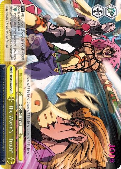 An illustrated trading card featuring characters from JoJo's Bizarre Adventure's Golden Wind. The Bushiroad card, "The World's 'Truth' (JJ/S66-E025 CR) [JoJo's Bizarre Adventure: Golden Wind]," depicts intense action with vibrant colors and dynamic poses. As a Climax Rare edition, gold accents highlight key features on the card. Details are in English and Japanese.