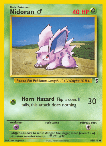 A Pokémon Nidoran (83/110) (Male) [Legendary Collection] trading card from the Legendary Collection featuring Nidoran (male). The card has a yellow border and displays an image of Nidoran, a purple, rabbit-like creature with large ears and spots, standing in grass. It has 40 HP, a Horn Hazard attack, and is weak to Psychic. Text description, stats, and illustrator info are present.