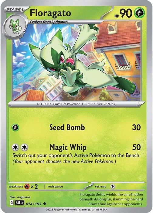 A Pokémon Floragato (014/193) [Scarlet & Violet: Paldea Evolved] trading card featuring Floragato from the Scarlet & Violet series. Floragato, a Grass Type, is depicted as a green feline with a cape-like leaf, leaping energetically with buildings in the background. The card shows it has 90 HP and two attacks: Seed Bomb (30 damage) and Magic Whip (50 damage).