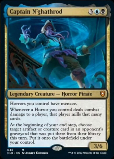 The Magic: The Gathering card "Captain N'ghathrod [Commander Legends: Battle for Baldur's Gate]" costs 3 generic mana, 1 blue mana, and 1 black mana to cast. This mythic legendary creature is a Horror Pirate with 3 power and 6 toughness. The card's text describes its abilities and features artwork of a tentacled pirate.