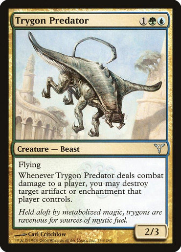 The illustrated card, "Trygon Predator [Dissension]," from Magic: The Gathering, features the formidable winged creature soaring through a cloudy sky. In flight, its potent abilities are revealed—destroying artifacts or enchantments upon dealing damage. Artwork by Carl Critchlow.