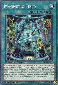 A "Magnetic Field [SBCB-EN034] Common" Yu-Gi-Oh! card showcases an intricate design with an Earth Rock monster at its core, surrounded by electromagnetic energy arcs. Various mystical objects float around. The card's border features metallic hues, and the effect text is detailed at the bottom.