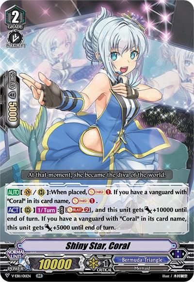 A trading card titled "Shiny Star, Coral (V-EB11/011EN) [Crystal Melody]" from Bushiroad features an anime mermaid character with short blue hair, dressed in a blue and white outfit adorned with star motifs. The card showcases abilities such as 10000 power, 1 critical, and includes text detailing her Crystal Melody skills.