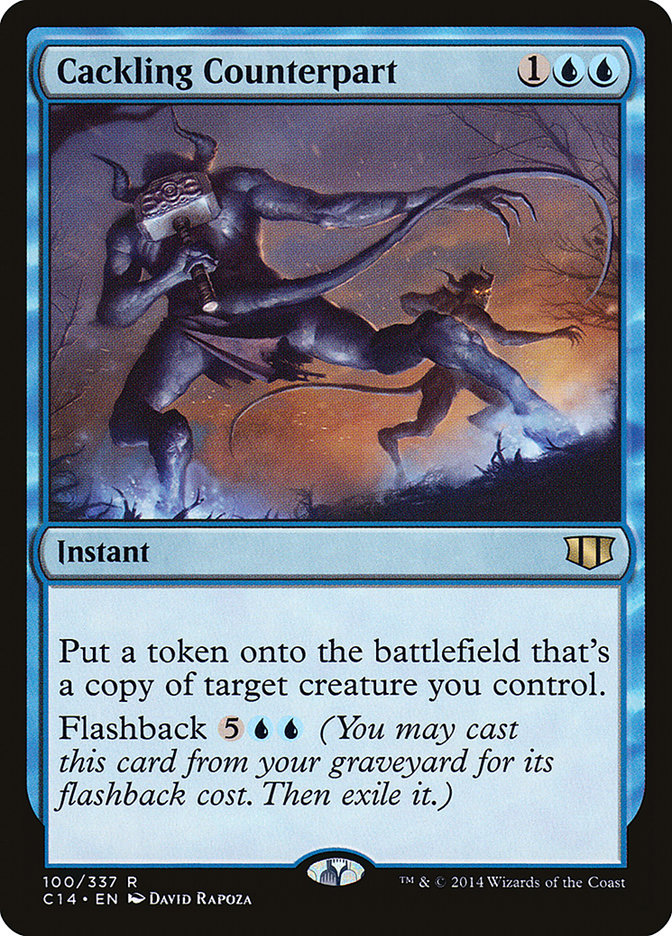 The image displays a Magic: The Gathering card titled "Cackling Counterpart" from the Commander 2014 set. It requires 1 blue mana and 2 generic mana to cast. The artwork depicts a wizard conjuring a shadowy duplicate of another creature. The text box details its role as an instant, which creates a token copy and includes information on the flashback cost.